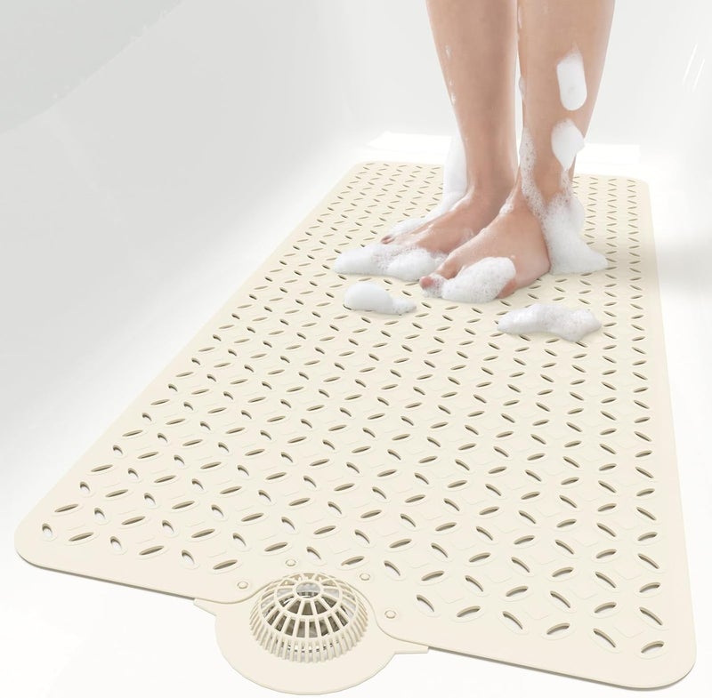 OTHWAY Bath Mat for Tub Non Slip: 39" X 17" Long Bathtub Mat with Hair Catcher│Big Drain Holes Shower Mats for Inside Shower│Machine Washable (Beige) - Image 1